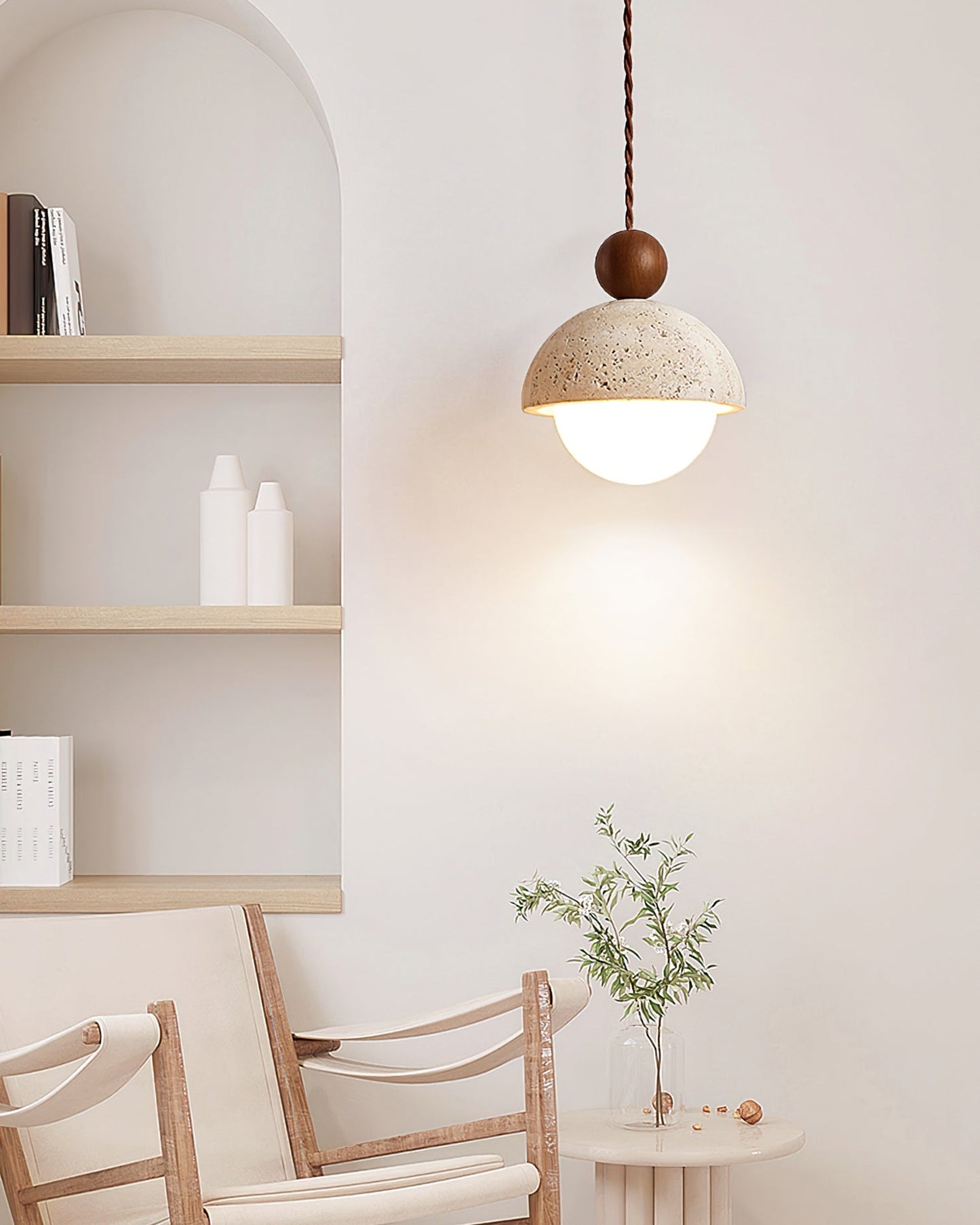 Palermo Pendant Light Fixture | Travertine Dome. Glass Globe & Wooden Accent for Kitchen Island & Dining Room