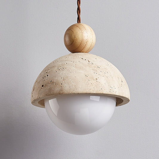 Palermo Pendant Light Fixture | Travertine Dome. Glass Globe & Wooden Accent for Kitchen Island & Dining Room