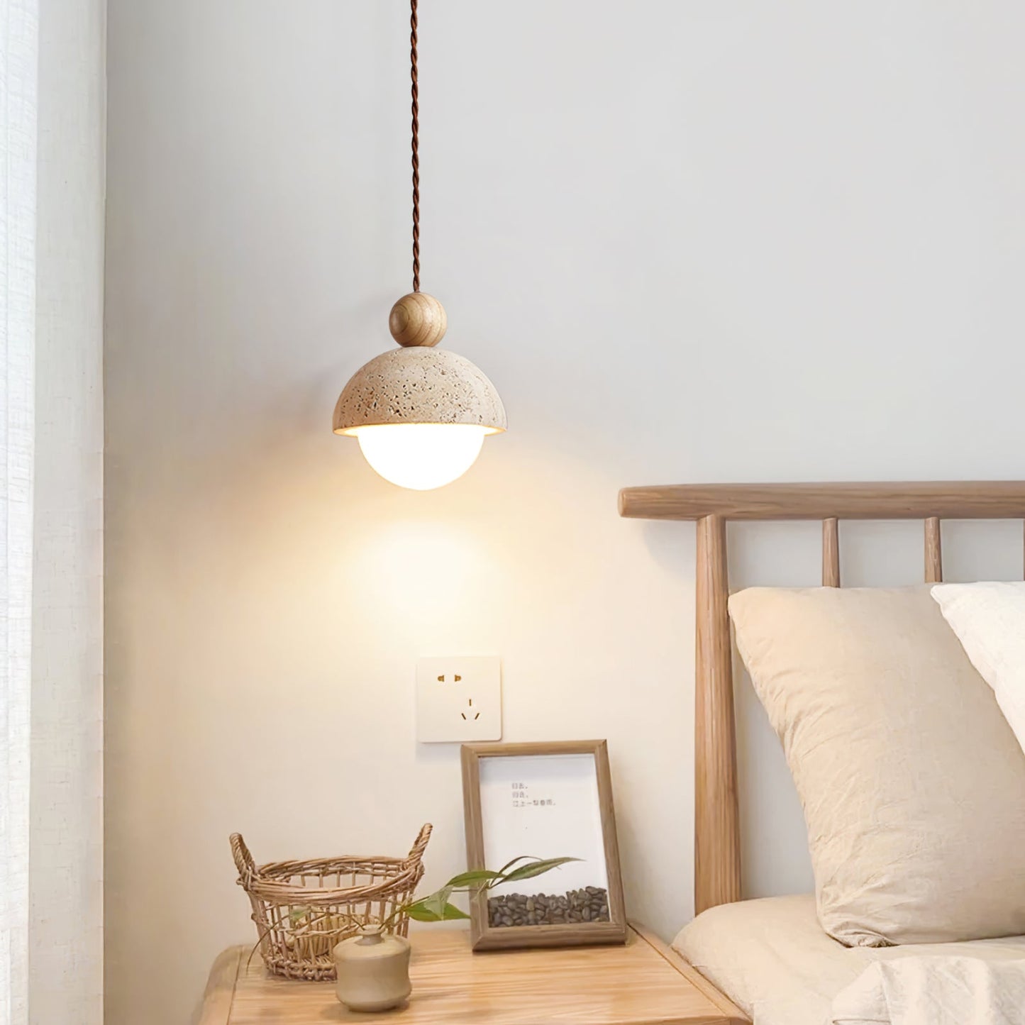 Palermo Pendant Light Fixture | Travertine Dome. Glass Globe & Wooden Accent for Kitchen Island & Dining Room