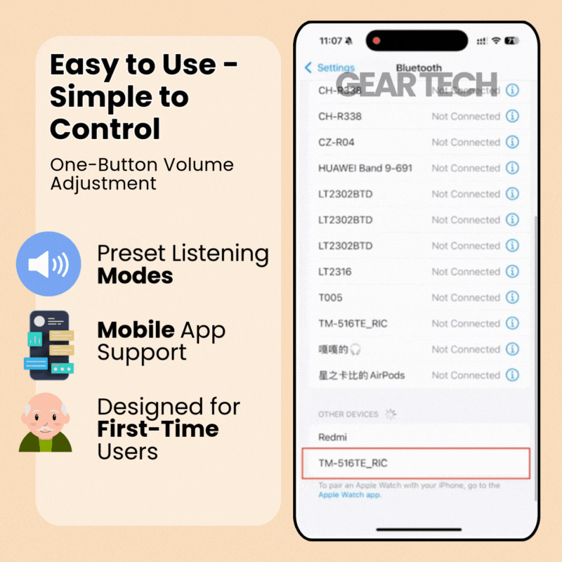 No Prescription Hearing Aids UK | Discreet Rechargeable Air Conduction Hearing Devices with Bluetooth App Control & Noise Reduction