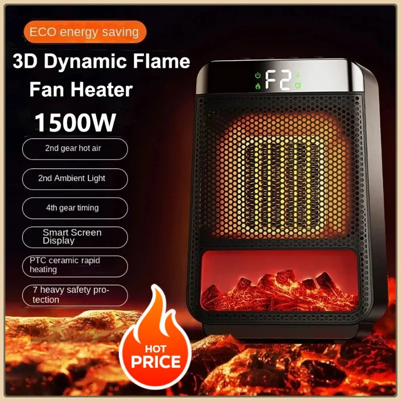 3D Dynamic Flame Electric Heater | 1500W Portable, ECO-Friendly & Fast Heating for Bathroom and Home Use