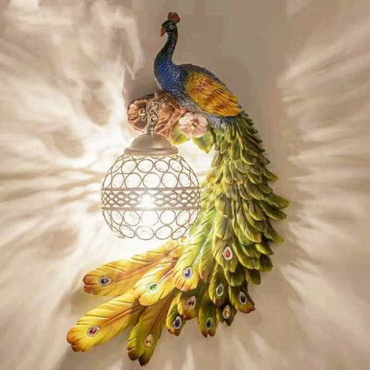 LED Wall Sconce Light | Vintage Ornate Resin Peacock Design with Crystal Ball Shade for Living Room & Hallway Lighting