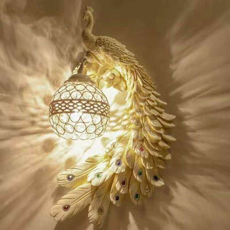 LED Wall Sconce Light | Vintage Ornate Resin Peacock Design with Crystal Ball Shade for Living Room & Hallway Lighting
