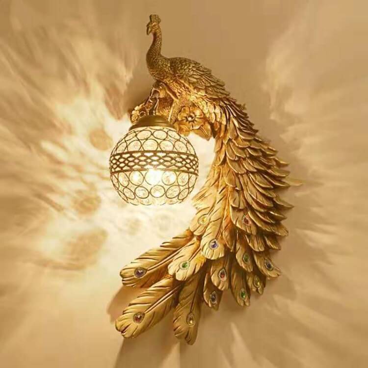LED Wall Sconce Light | Vintage Ornate Resin Peacock Design with Crystal Ball Shade for Living Room & Hallway Lighting
