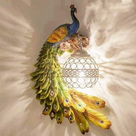 LED Wall Sconce Light | Vintage Ornate Resin Peacock Design with Crystal Ball Shade for Living Room & Hallway Lighting