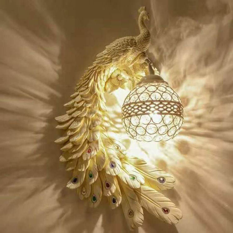 LED Wall Sconce Light | Vintage Ornate Resin Peacock Design with Crystal Ball Shade for Living Room & Hallway Lighting