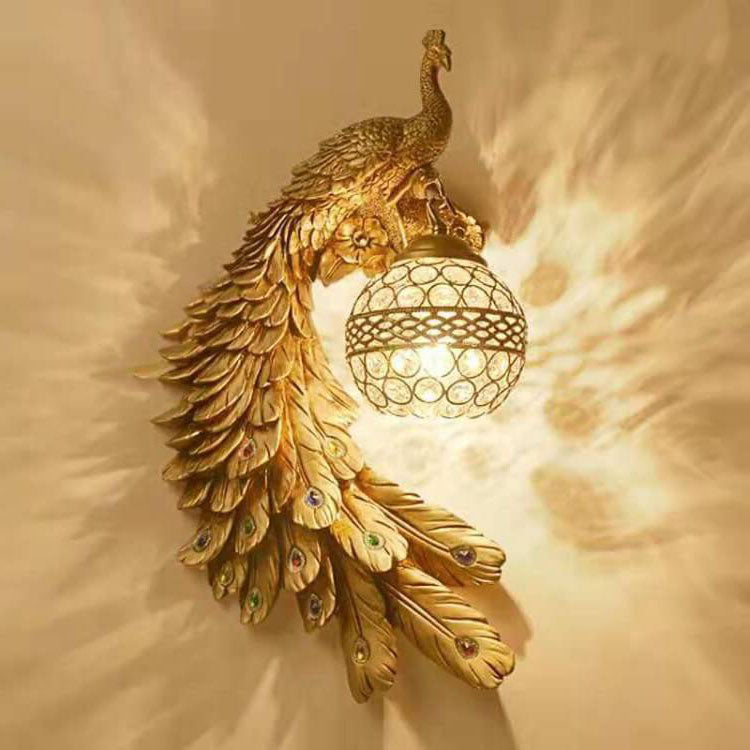 LED Wall Sconce Light | Vintage Ornate Resin Peacock Design with Crystal Ball Shade for Living Room & Hallway Lighting