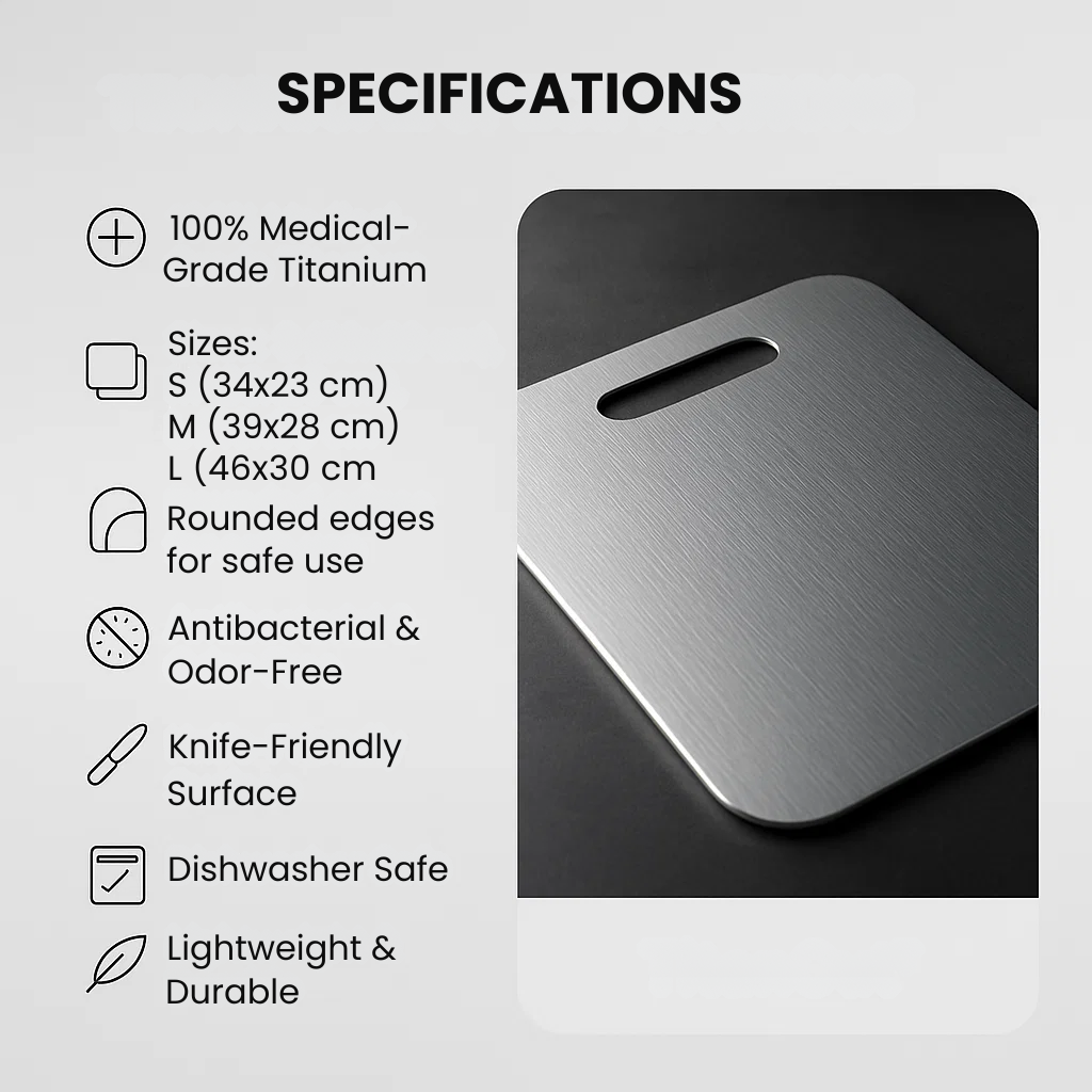 Medical Grade Titanium Cutting Board | Durable, Non-porous Surface for Safe Food Preparation & Kitchen Use