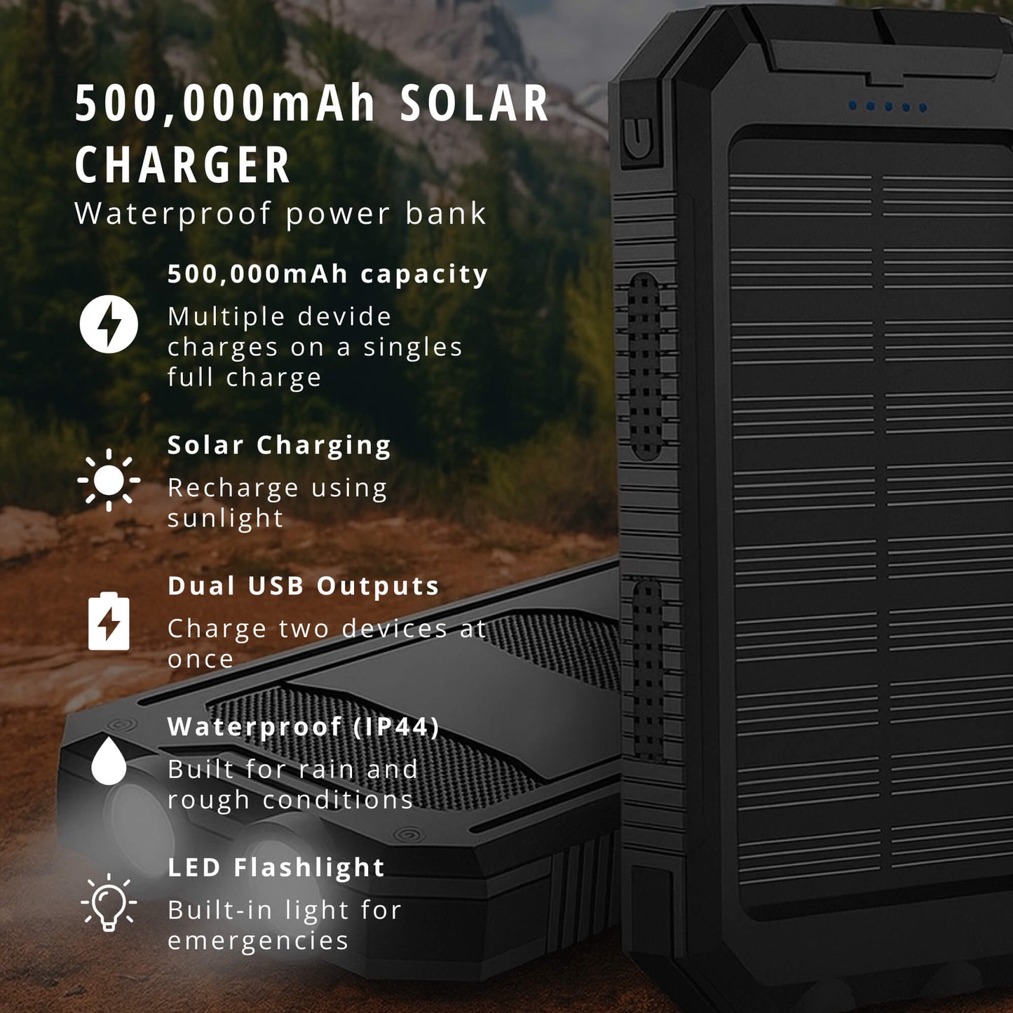 500000mAh Solar Charger Waterproof Power Bank External