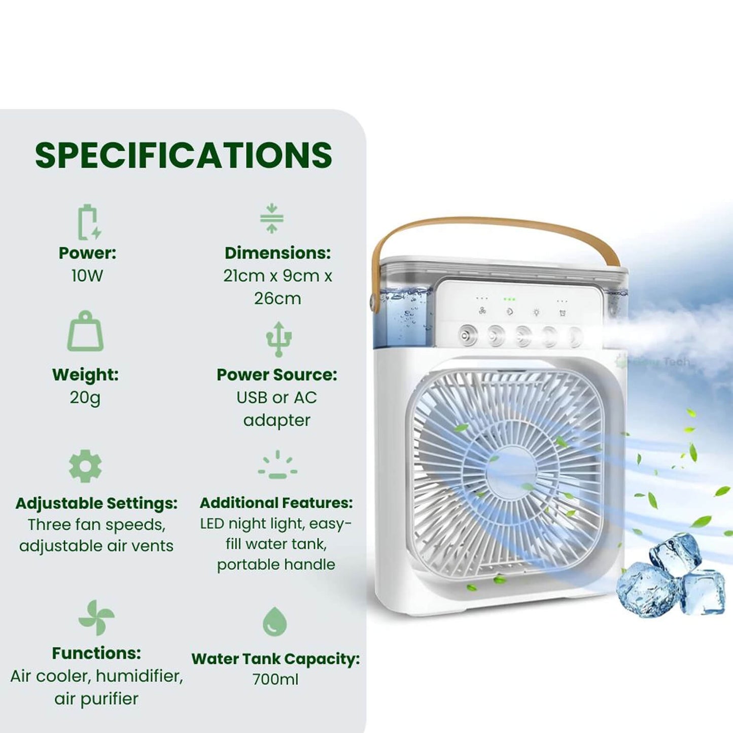 3-in-1 Air Cooler Humidifier | Portable, Adjustable Fan Speeds & Ideal for Bedrooms, Offices & Small Spaces
