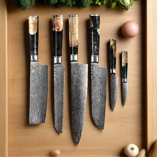 Japanese 67-Layer Damascus Steel Knife Set | Hand-Forged Blades with Unique Burl Wood Handles for Culinary Enthusiasts