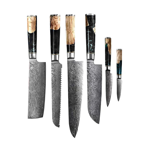 Japanese 67-Layer Damascus Steel Knife Set | Hand-Forged Blades with Unique Burl Wood Handles for Culinary Enthusiasts