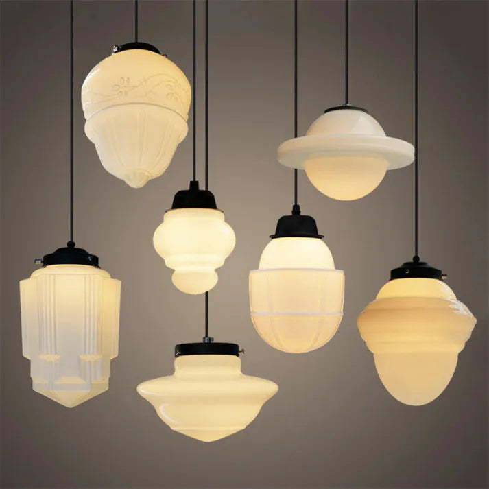 Geometric Milk Glass Pendant Light Fixture - Vintage White Design for Kitchen & Dining Room Lighting