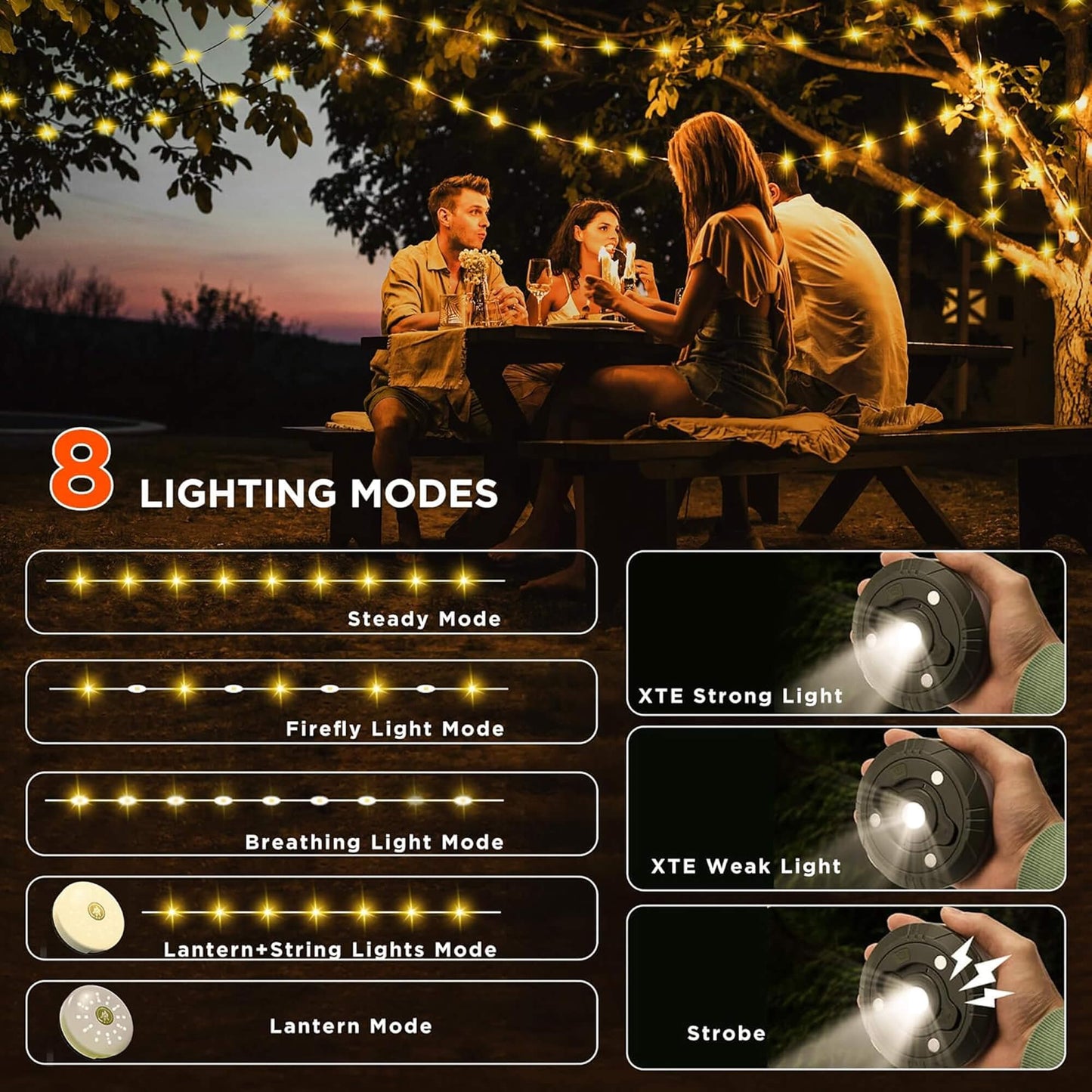 4 in 1 Camp Light – Portable Camping Lantern, String Lights with 8 Lighting Modes, Rechargeable Power Bank for Outdoor Adventures