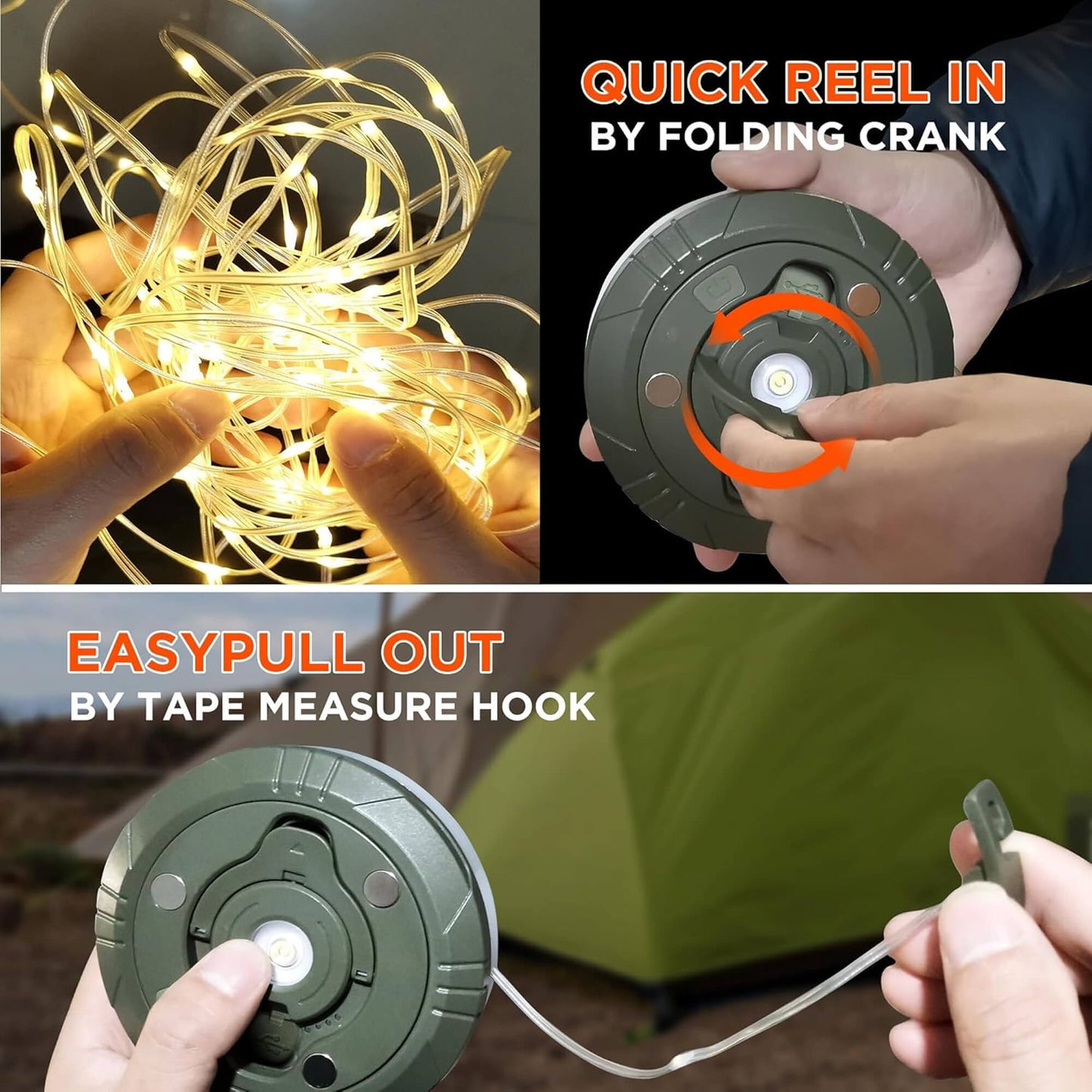 4 in 1 Camp Light – Portable Camping Lantern, String Lights with 8 Lighting Modes, Rechargeable Power Bank for Outdoor Adventures