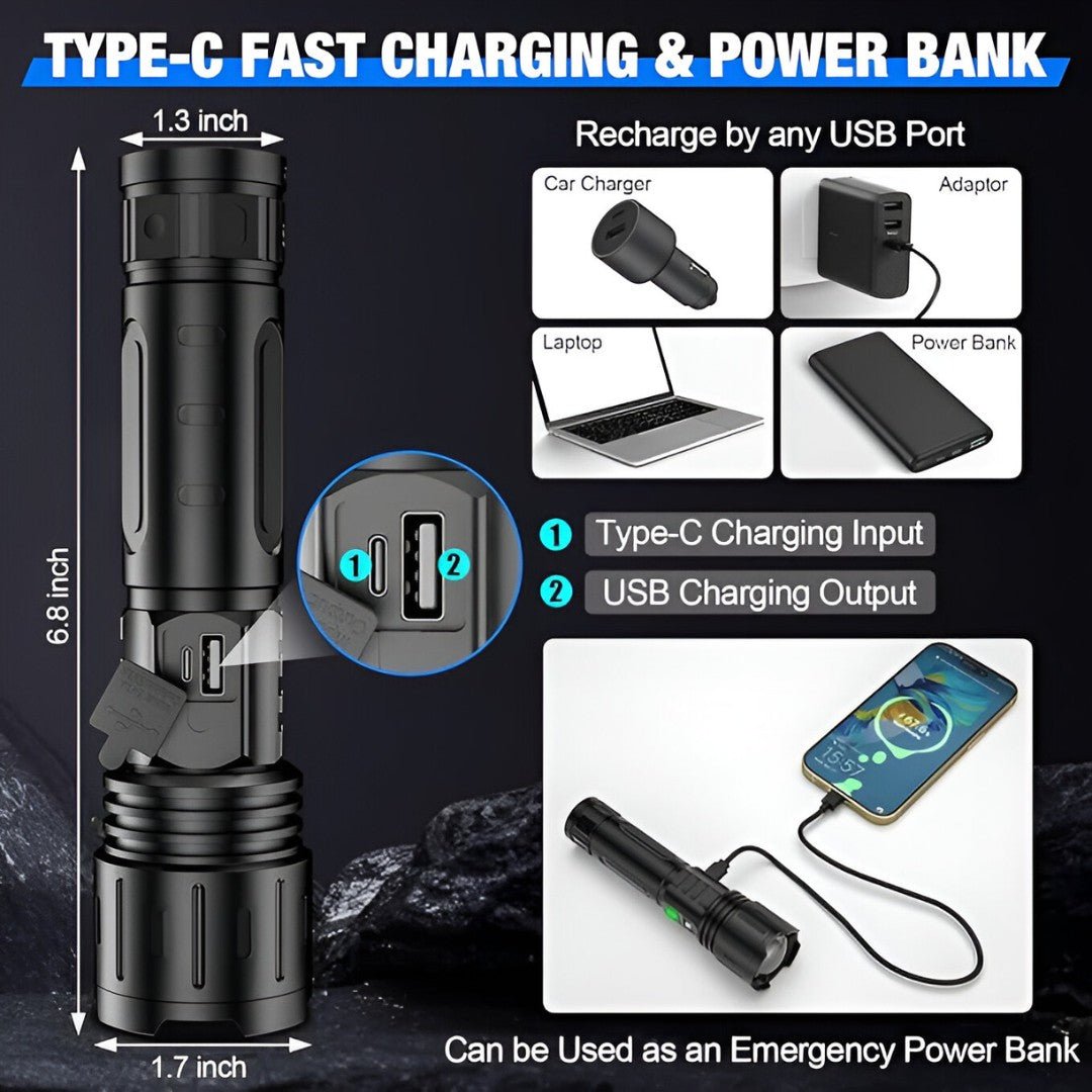 100,000 Lumen Rechargeable LED Flashlight | Waterproof, Impact-Resistant & Ideal for Hiking, Emergencies & Power Outages