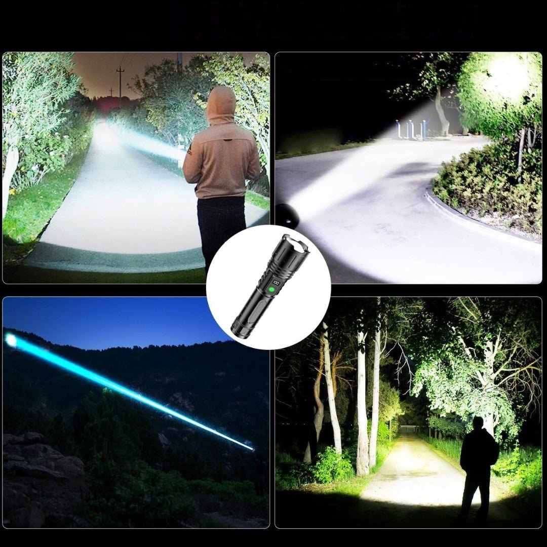 100,000 Lumen Rechargeable LED Flashlight | Waterproof, Impact-Resistant & Ideal for Hiking, Emergencies & Power Outages