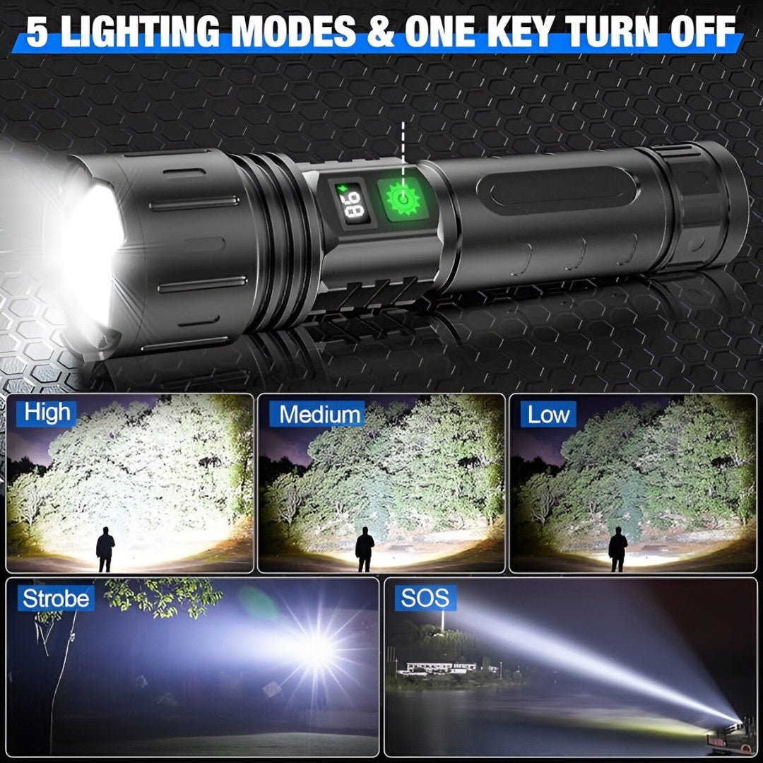 100,000 Lumen Rechargeable LED Flashlight | Waterproof, Impact-Resistant & Ideal for Hiking, Emergencies & Power Outages