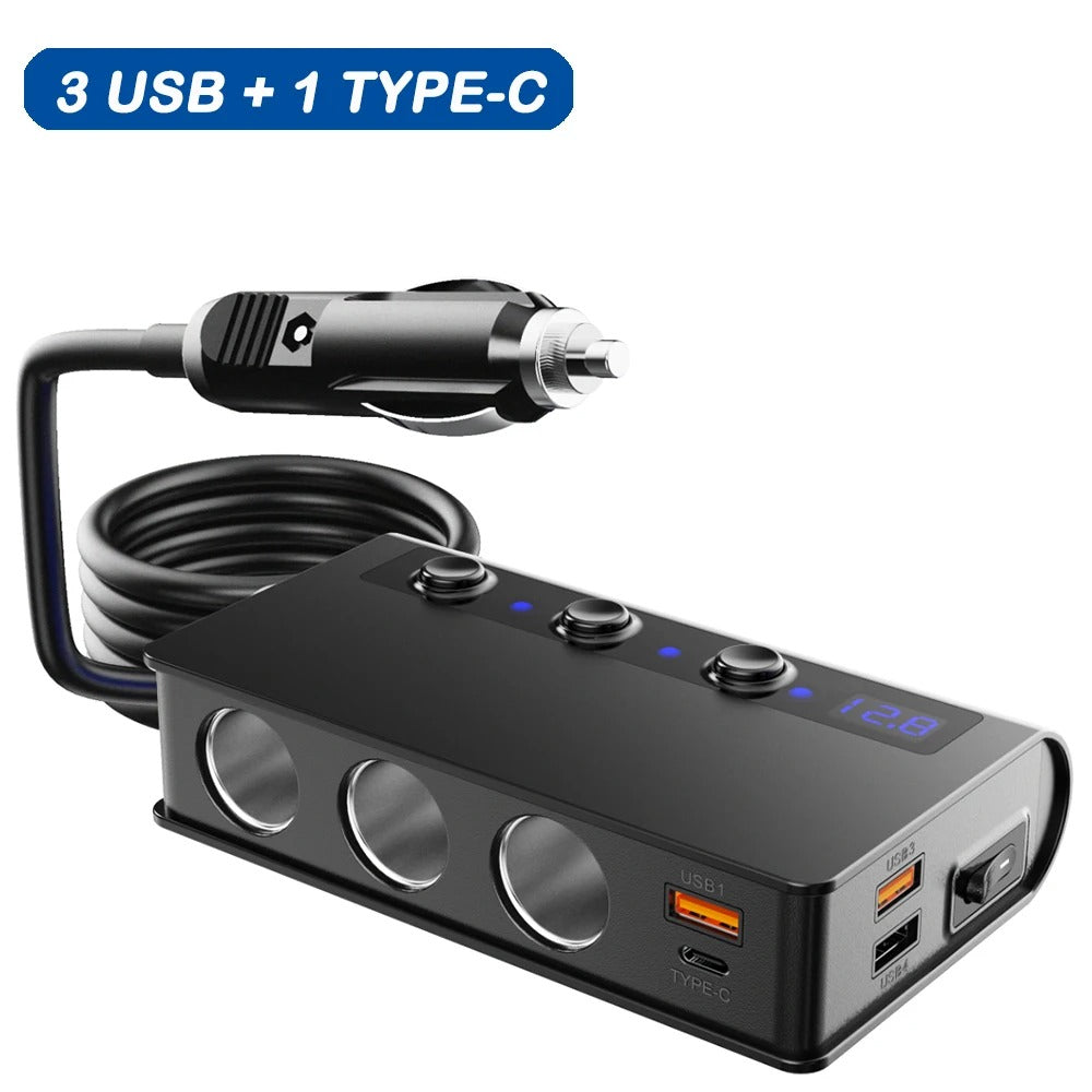 4-Port Car Fast Charger Adapter - Cigarette Lighter Sockets & USB Ports