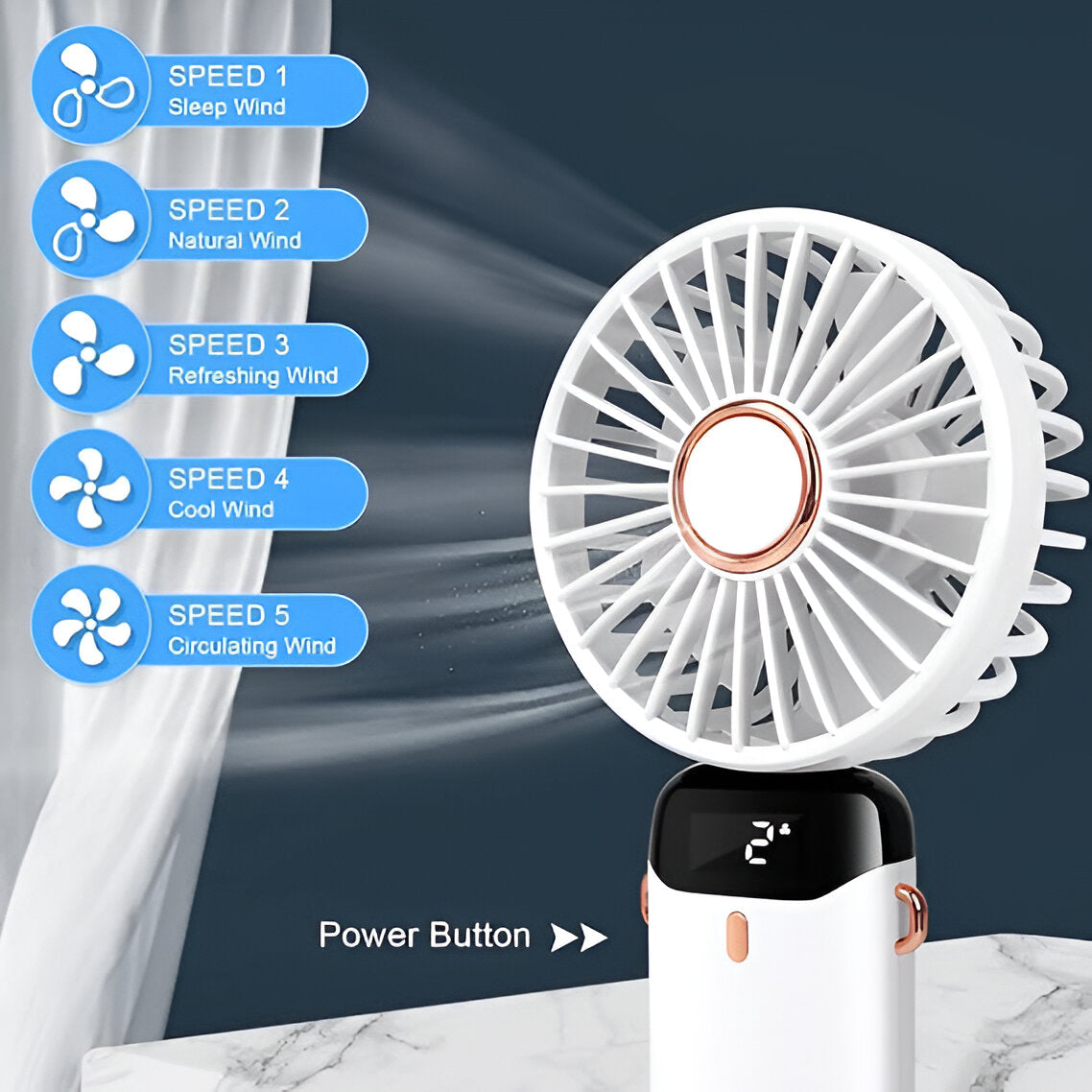 Rechargeable Handheld Mini Fan | 5-Speed, 90-Degree Adjustable & Quiet for Office, Home & Outdoor Use