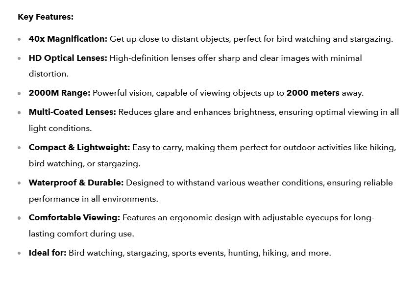 Premium 40×22 HD Binoculars | Waterproof, Compact & Ideal for Bird Watching, Hiking & Stargazing