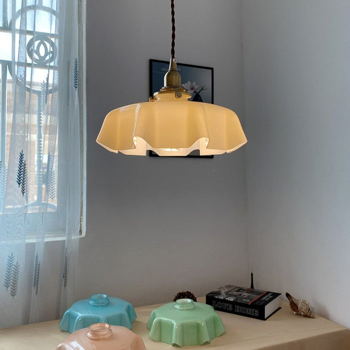 Retro Glass Flower Pendant Light Fixture - Cream Hanging Lamp for Living Room & Dining Room Decor
