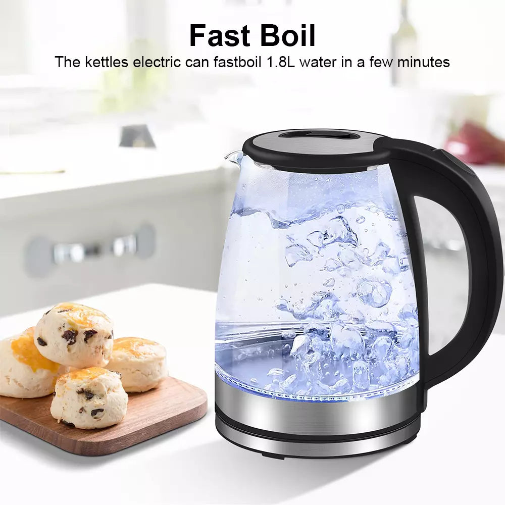 Electric Kettle | 1.8L, 3000W, Rapid Boil, Auto Shut-Off & Borosilicate Glass for Tea, Coffee & Instant Meals