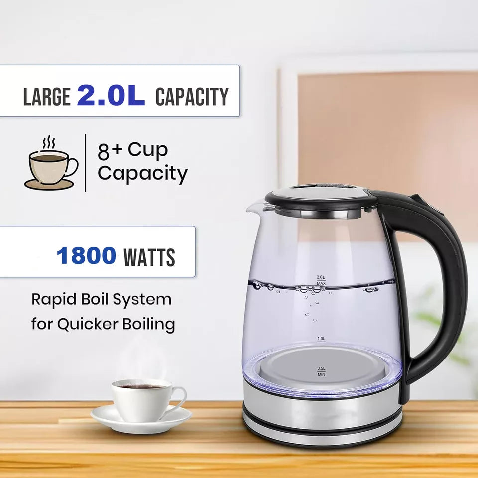 Electric Kettle | 1.8L, 3000W, Rapid Boil, Auto Shut-Off & Borosilicate Glass for Tea, Coffee & Instant Meals