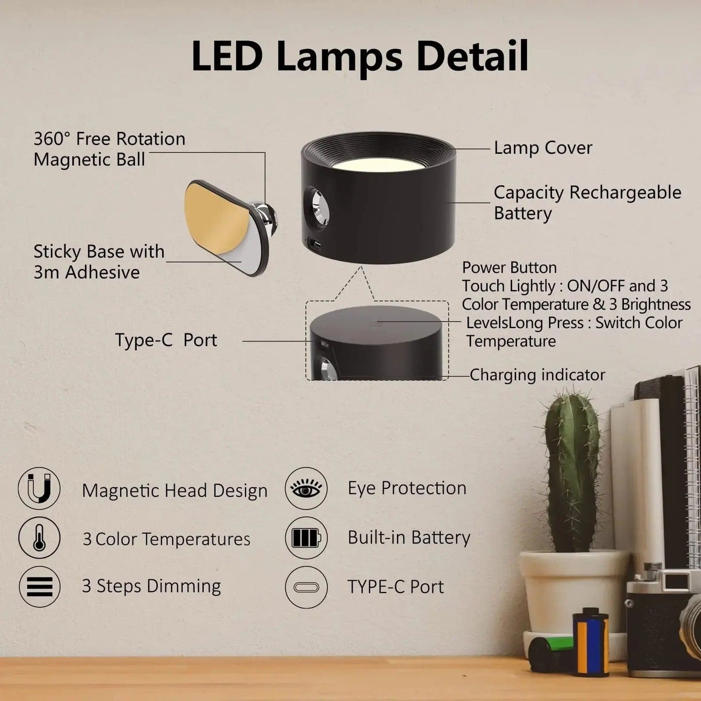 Battery Operated Wall Light | Rechargeable, 360° Adjustable & Wireless for Bedrooms, Hallways & Reading Corners