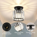 Modern 1-Light Flush Mount Ceiling Light | Black Brass Fixture with Crystal Shade for Hallway & Living Room