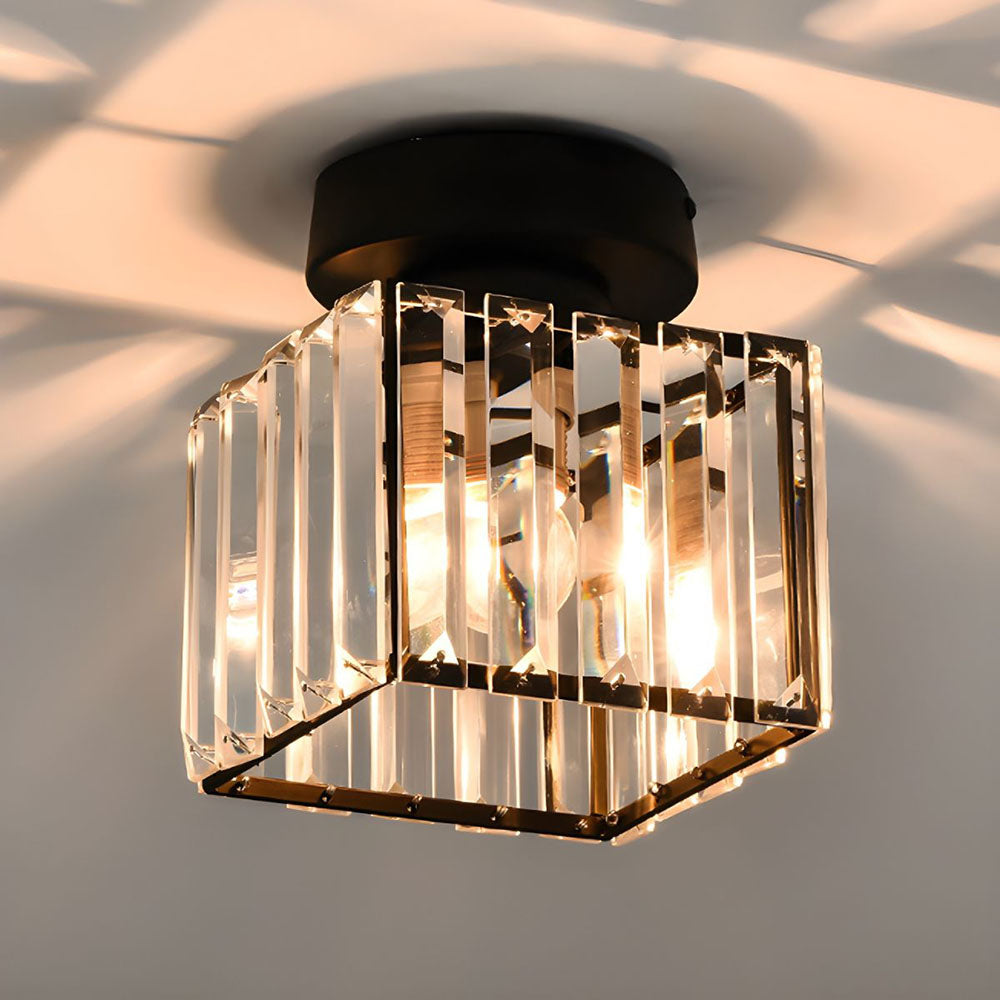 Modern 1-Light Flush Mount Ceiling Light | Black Brass Fixture with Crystal Shade for Hallway & Living Room