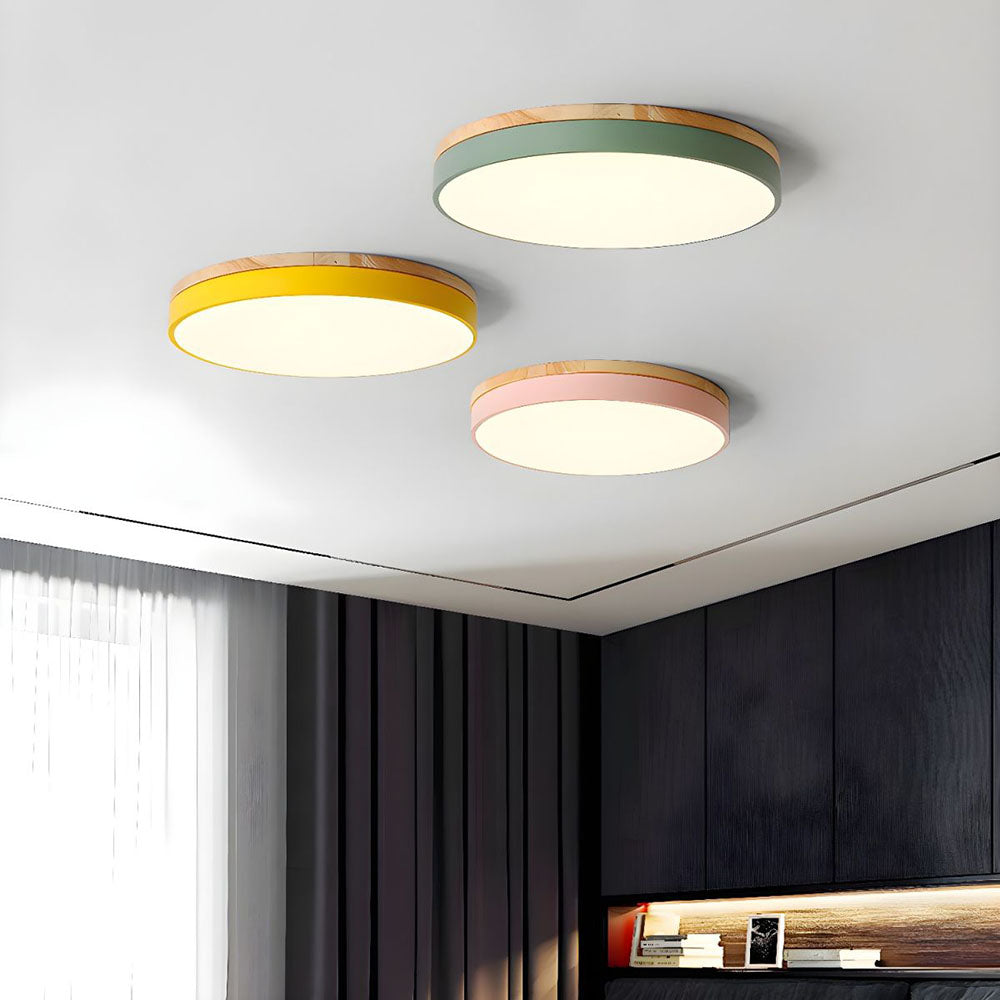 Wooden Round Shape Flush Ceiling Light | LED. Solid Wood & Iron for Living Room. Dining Room & Hallway