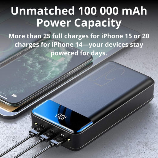 100,000mAh Portable Power Bank | Super Fast Charging, Universal Compatibility for Travel, Camping & Emergencies