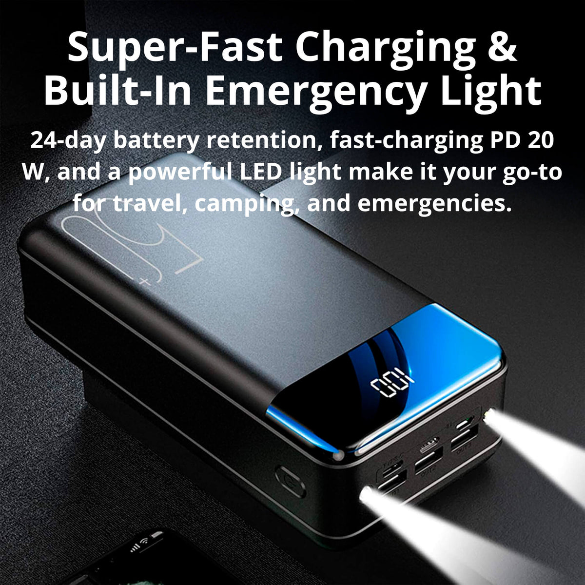 100,000mAh Portable Power Bank | Super Fast Charging, Universal Compatibility for Travel, Camping & Emergencies