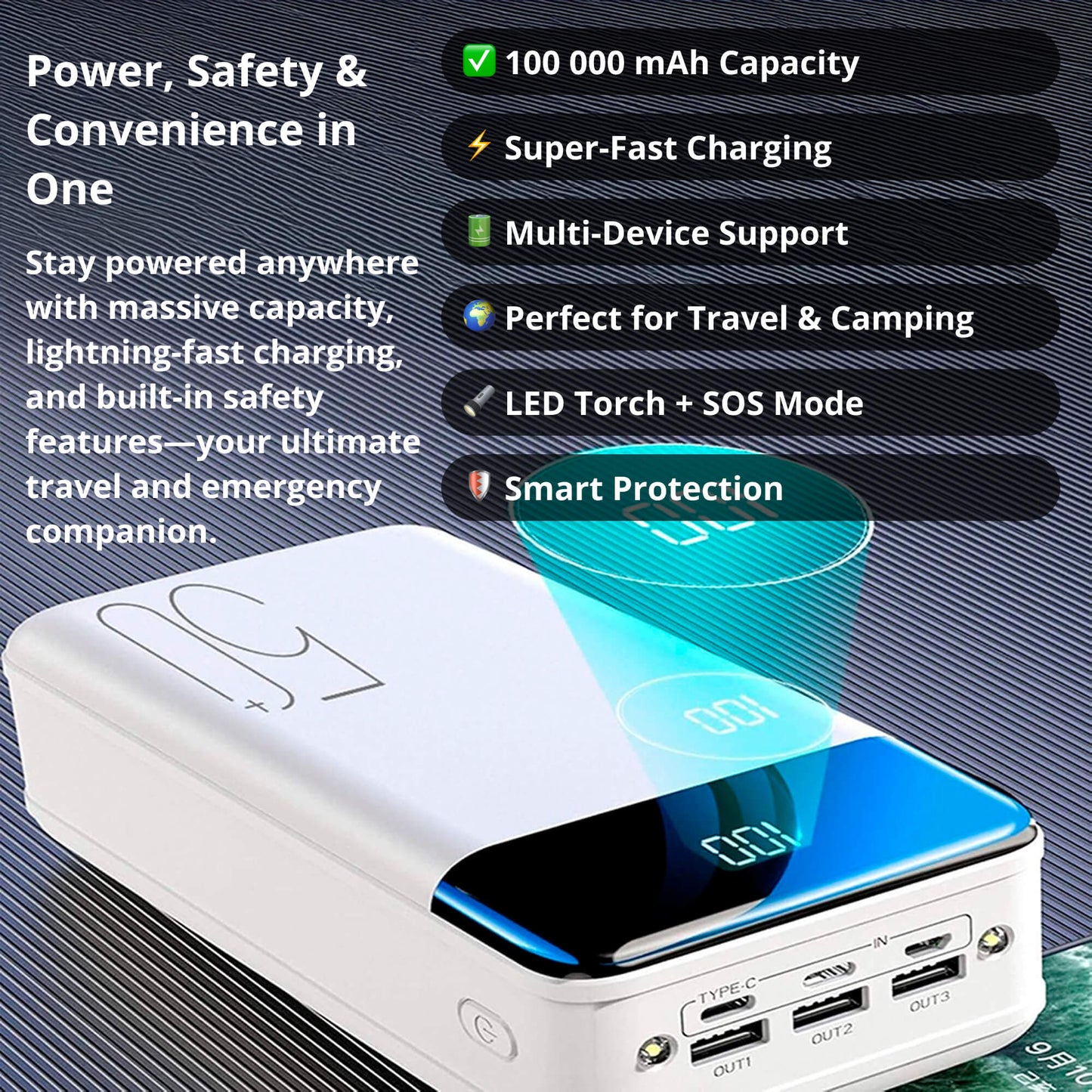 100,000mAh Portable Power Bank | Super Fast Charging, Universal Compatibility for Travel, Camping & Emergencies