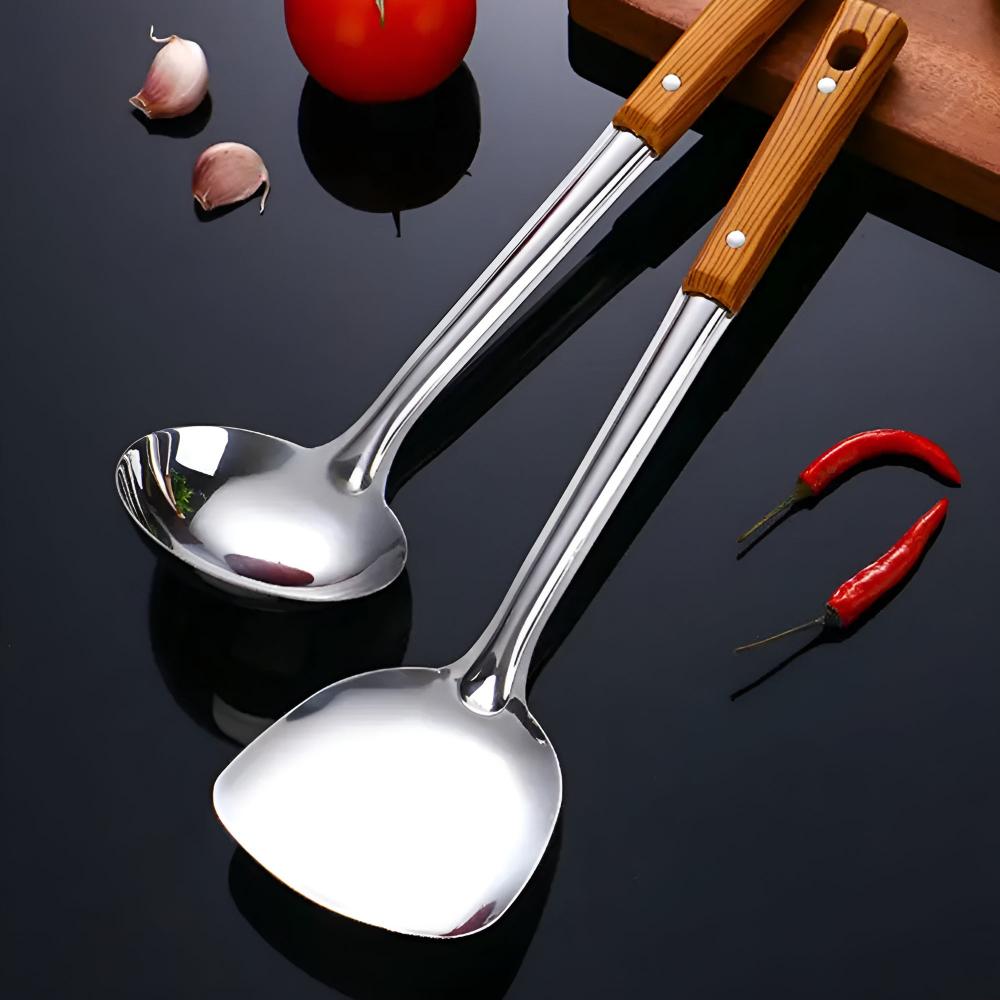 Stainless Cooking Utensils Set – Hanging Metal Utensils with Wooden Handle for Kitchen