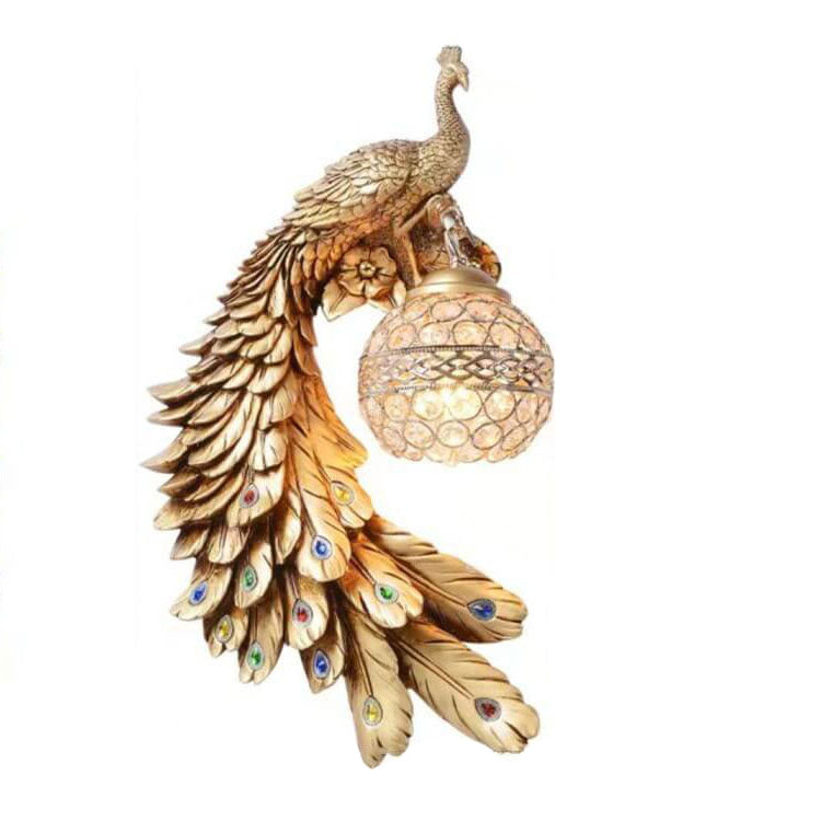 LED Wall Sconce Light | Vintage Ornate Resin Peacock Design with Crystal Ball Shade for Living Room & Hallway Lighting