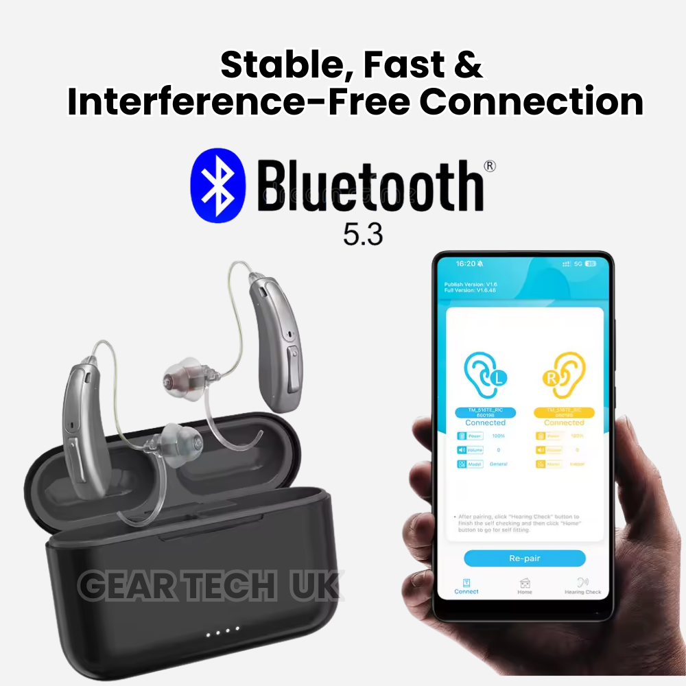 Rechargeable Bluetooth Hearing Aids | Noise Cancelling BTE Hearing Aid for Seniors & Elderly – Comfortable & Discreet