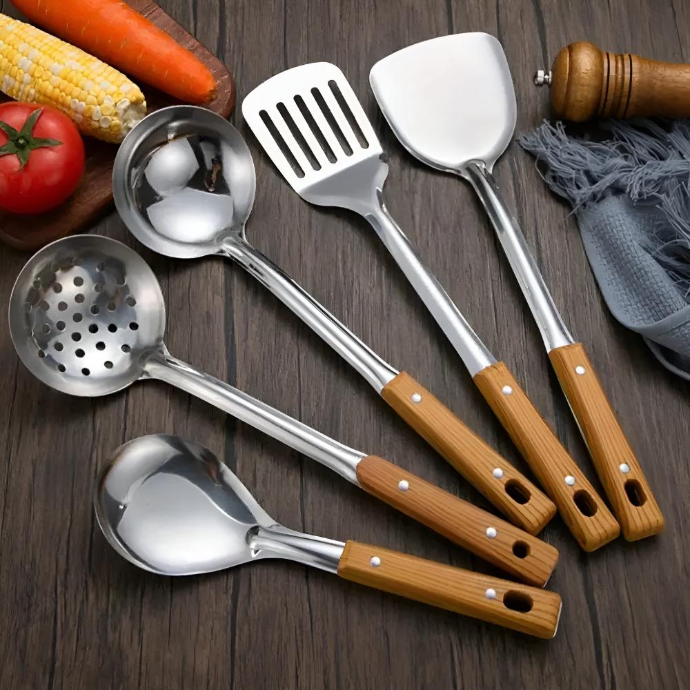 Stainless Cooking Utensils Set – Hanging Metal Utensils with Wooden Handle for Kitchen