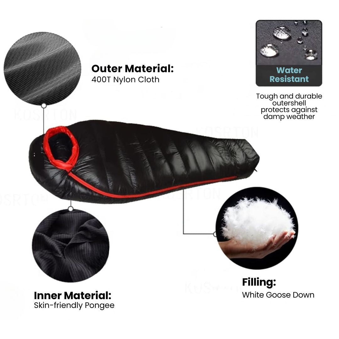 Winter Sleeping Bag – Down Insulated 400T Ripstop Nylon | Extra Warm 30 °C Bag for Cold Weather Camping