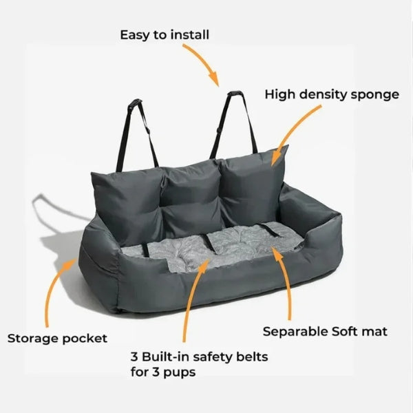 Travel Dog Car Bed with Safety Bolster | Large and Medium Sizes | Comfortable Travel Solution for Dogs