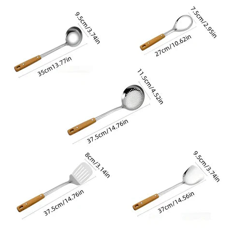 Stainless Cooking Utensils Set – Hanging Metal Utensils with Wooden Handle for Kitchen