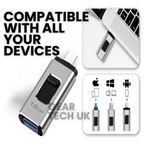 Phone Storage Memory Stick – 4-in-1 USB Flash Drive with Lightning, USB-C, Micro-USB & USB 3.0 for Fast Data Transfer & Backup on Phones & Laptops