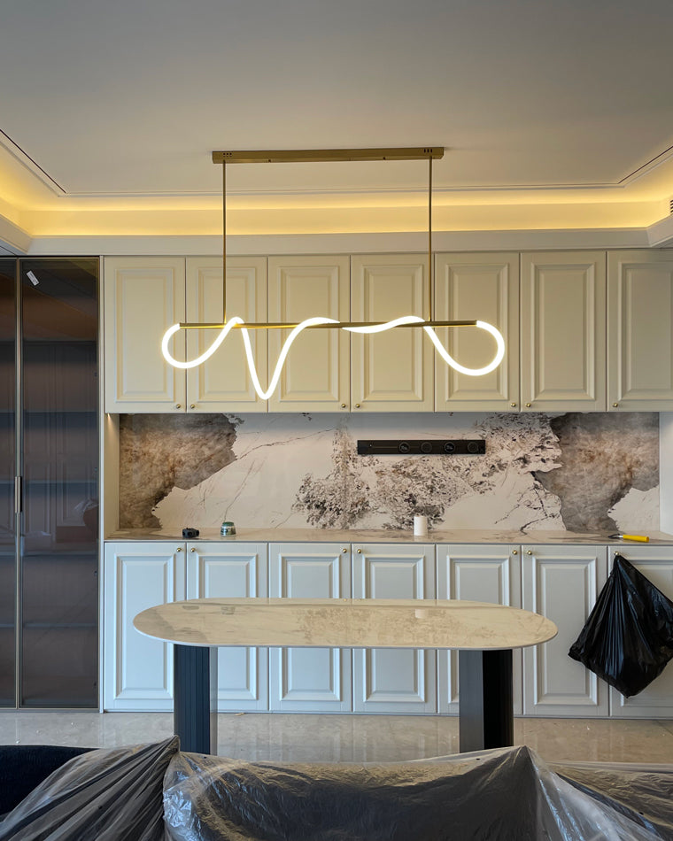 LED Linear Brass Chandelier | Dimmable. Damp Rated & Adjustable Height for Dining Room and Living Spaces