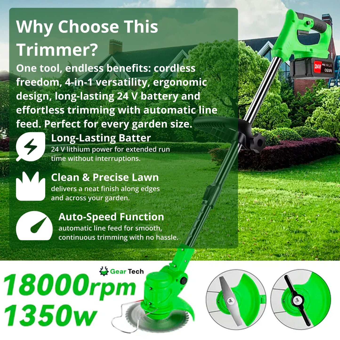 24V Cordless Grass Trimmer | 4-in-1 Adjustable Cutting Head & Powerful Battery for Residential Lawn Care