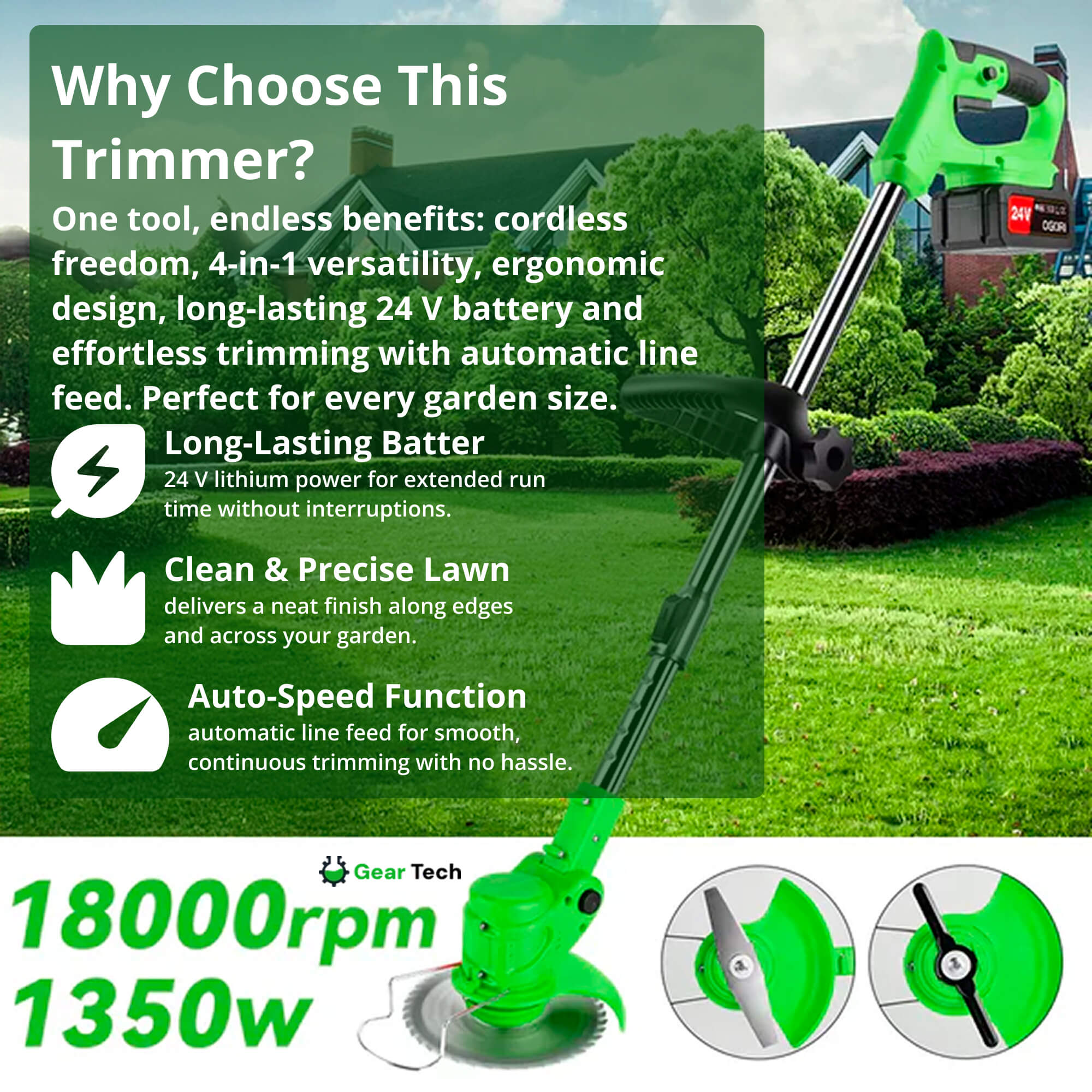 24V Cordless Grass Trimmer | 4-in-1 Adjustable Cutting Head & Powerful Battery for Residential Lawn Care