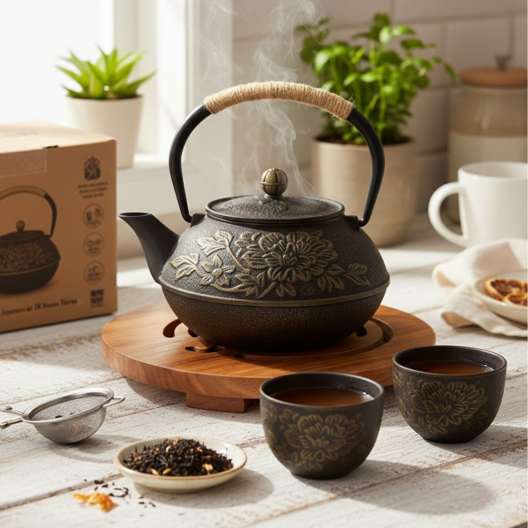 Japanese Teapot | Handmade Cast Iron Tea Pot, Floral Design & Ideal for Japanese Tea Set and Herbal Infusions