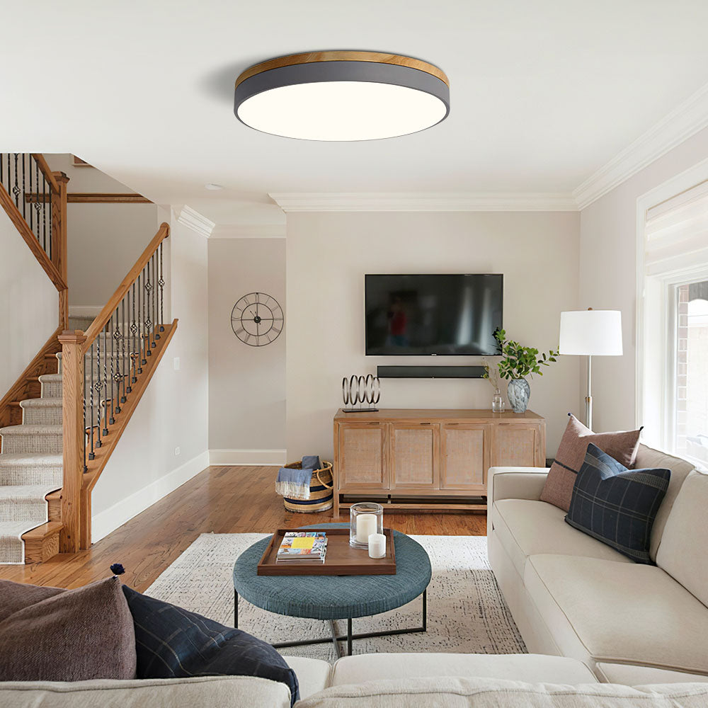 Wooden Round Shape Flush Ceiling Light | LED. Solid Wood & Iron for Living Room. Dining Room & Hallway