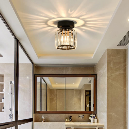 Modern 1-Light Flush Mount Ceiling Light | Black Brass Fixture with Crystal Shade for Hallway & Living Room