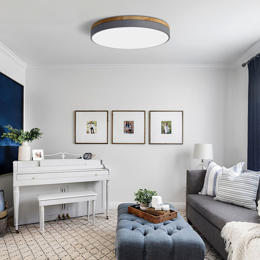 Wooden Round Shape Flush Ceiling Light | LED. Solid Wood & Iron for Living Room. Dining Room & Hallway